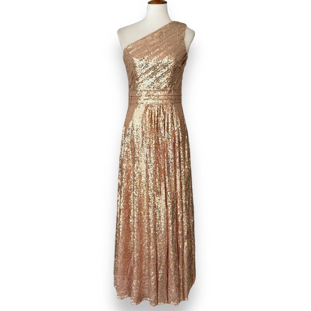 Kate Kasin Rose Gold Sequined Asymmetric Maxi Prom Dress Size US 6